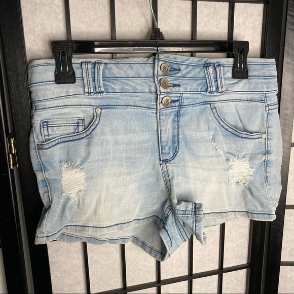 Blue Spice Distressed High Waist Button Denim Jean Shorts Blue Medium 5/6 - Picture 5 of 11